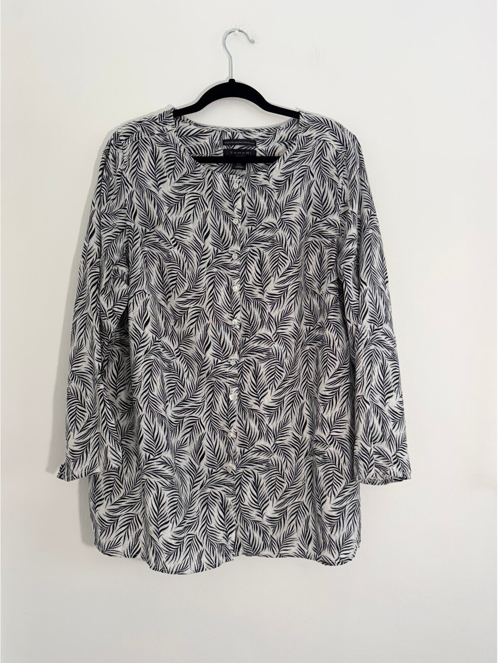Tahari 100% Linen Black White Leaf Print Button Front Blouse Shirt Plus Size 1X